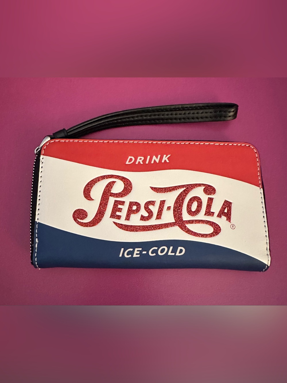 Coach Pepsi Cola Black Leather Logo Patch Zippered Wallet With Strap New